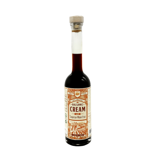 Organic Greek balsamic cream with whole tangerine and PETIMEZI grape must, premium Mediterranean gourmet condiment