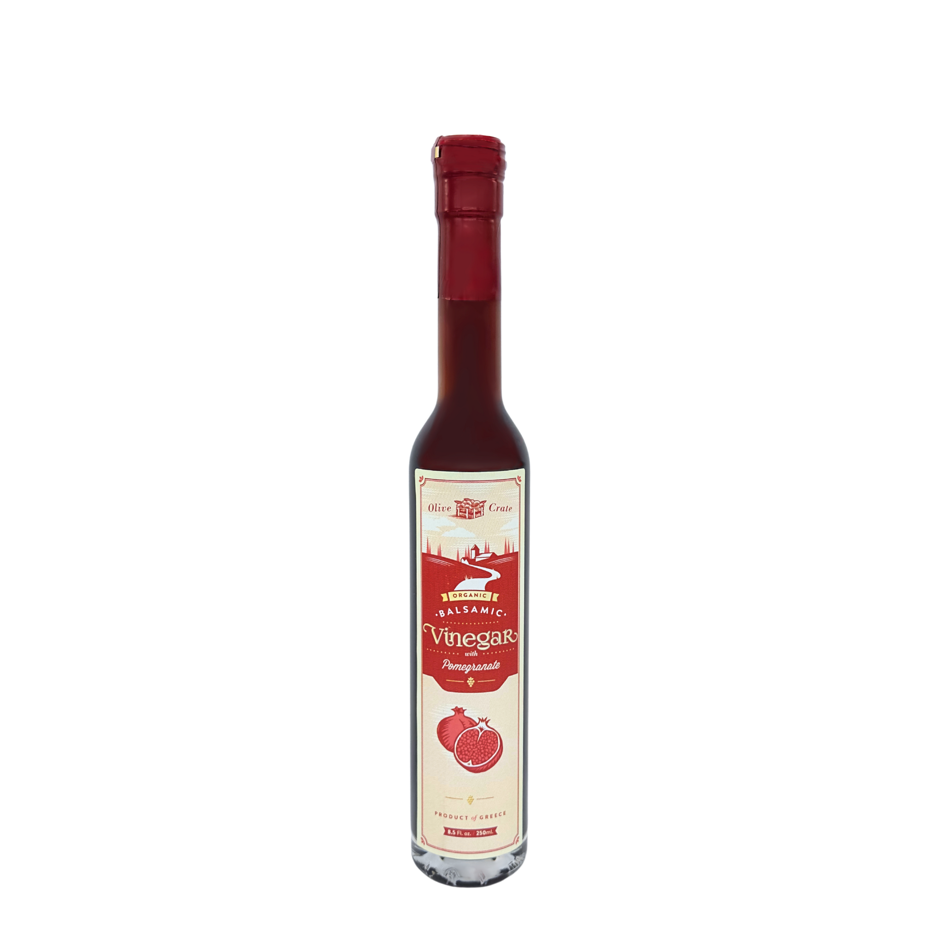 A bottle of Olive Crate Pomegranate balsamic vinegar