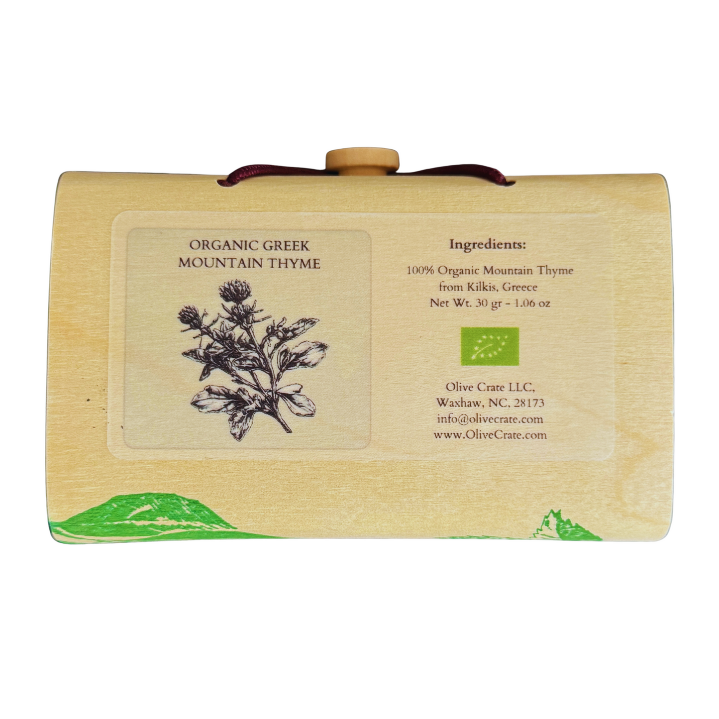 Back of Olive Crate Organic Greek Thyme box – ingredients, organic certification, nutritional details, premium Mediterranean cooking herb