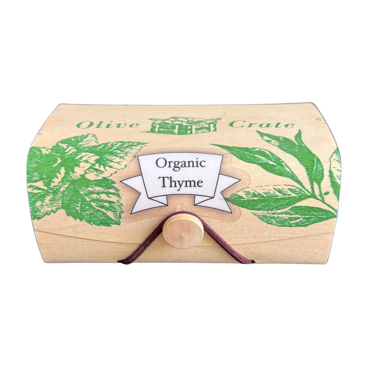 Premium Organic Greek Thyme in Olive Crate wooden box – authentic Mediterranean cooking herb and organic seasoning