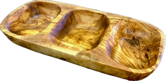 3 section Olive wood Nibbles dish - Olive Crate
