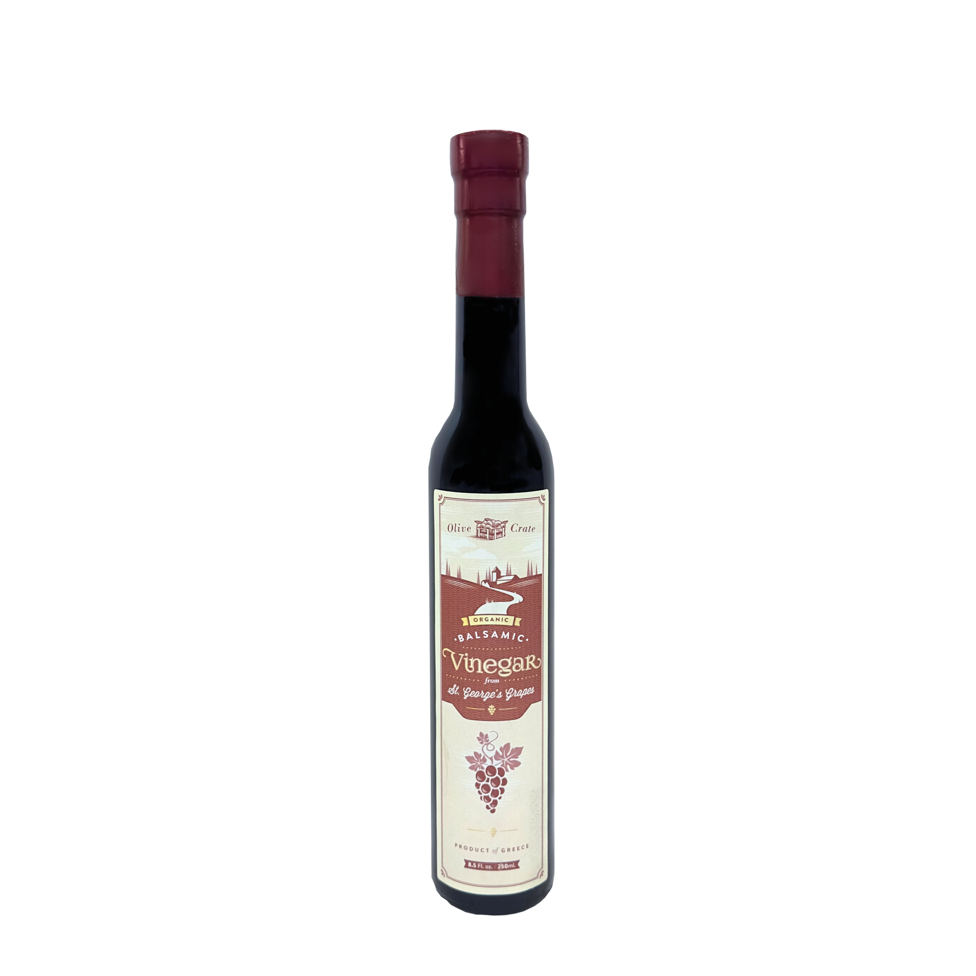 Olive Crate St. George’s Organic Balsamic Vinegar – classic Greek red grape balsamic vinegar in tall glass bottle with maroon seal, handcrafted and small-batch, perfect for gourmet cooking or salad dressings