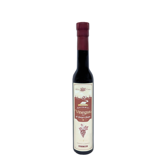 Olive Crate St. George’s Organic Balsamic Vinegar – classic Greek red grape balsamic vinegar in tall glass bottle with maroon seal, handcrafted and small-batch, perfect for gourmet cooking or salad dressings