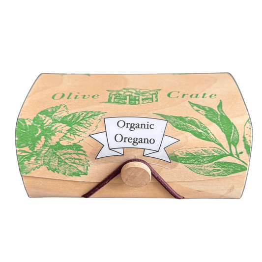 Organic Greek mountain oregano 30g wood box, white background