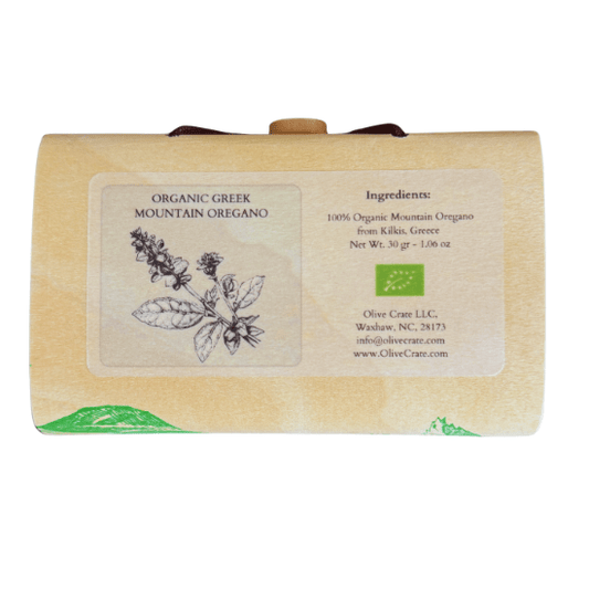 Underside of organic Greek mountain oregano wood box showing ingredients and origin label