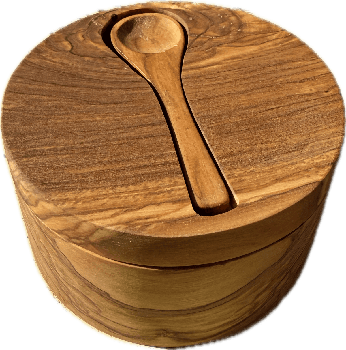 Hand-carved olive wood salt cellar with swivel cover and inset spoon, showing unique natural wood grain