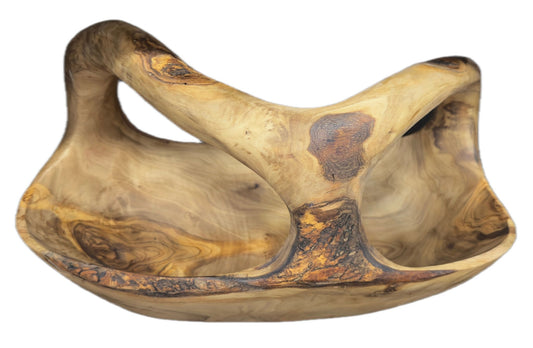 Hand-carved olive wood basket with three natural handles, white background