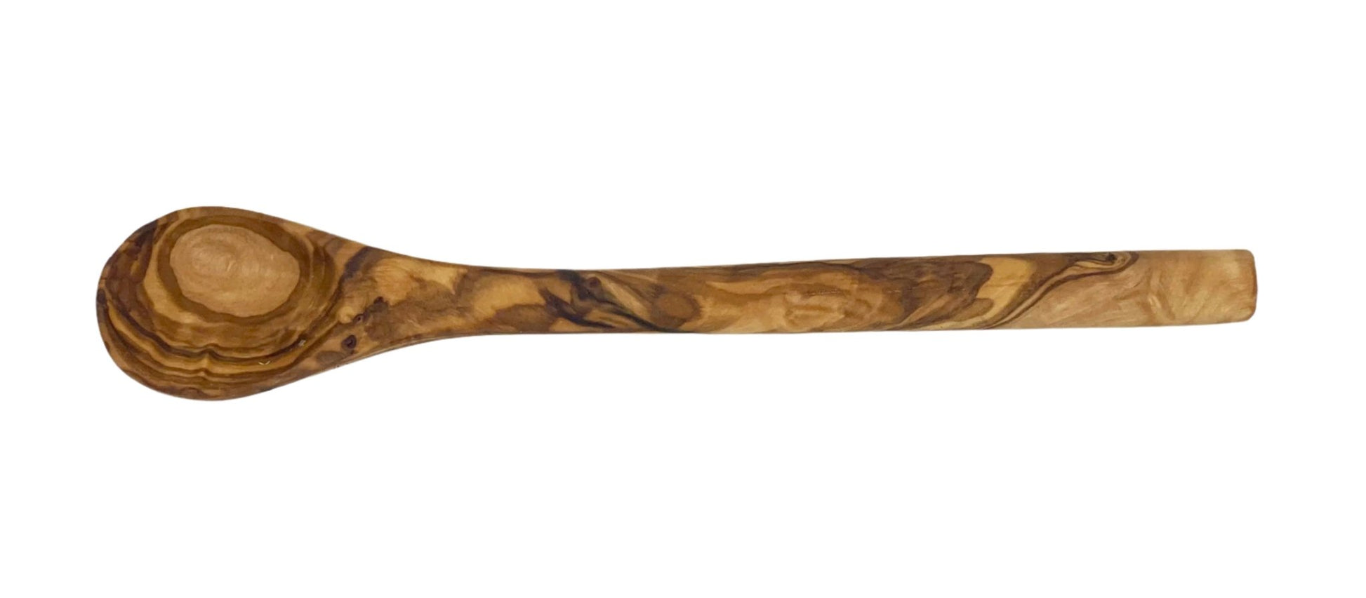 Hand-carved olive wood cocktail spoon 8 inch, white background