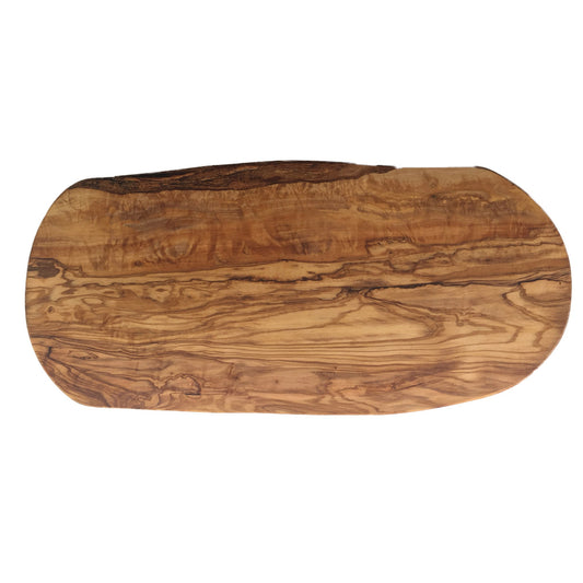 Hand-shaped live edge olive wood cutting board, natural grain, white background