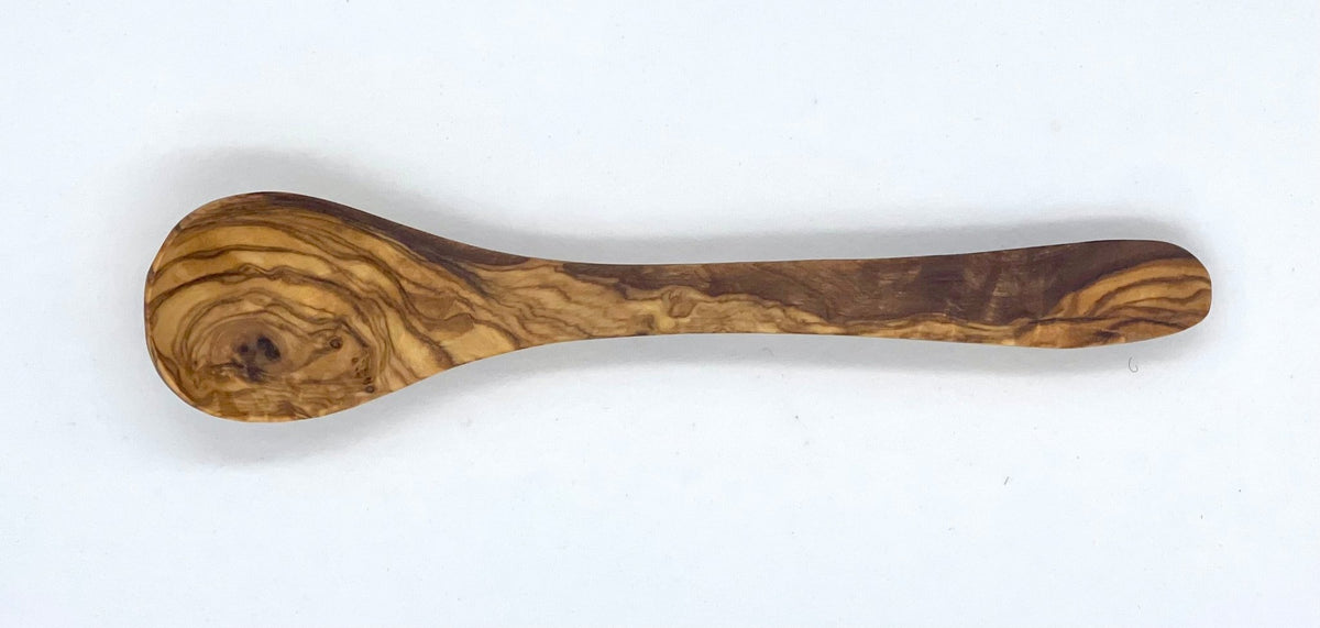 Hand-carved olive wood jam and sugar spoon 5.5 inch, white background