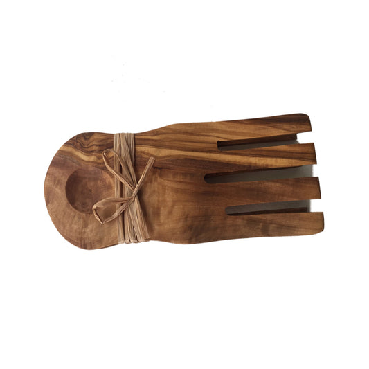 Hand-carved olive wood salad claws spoon and spork set, white background